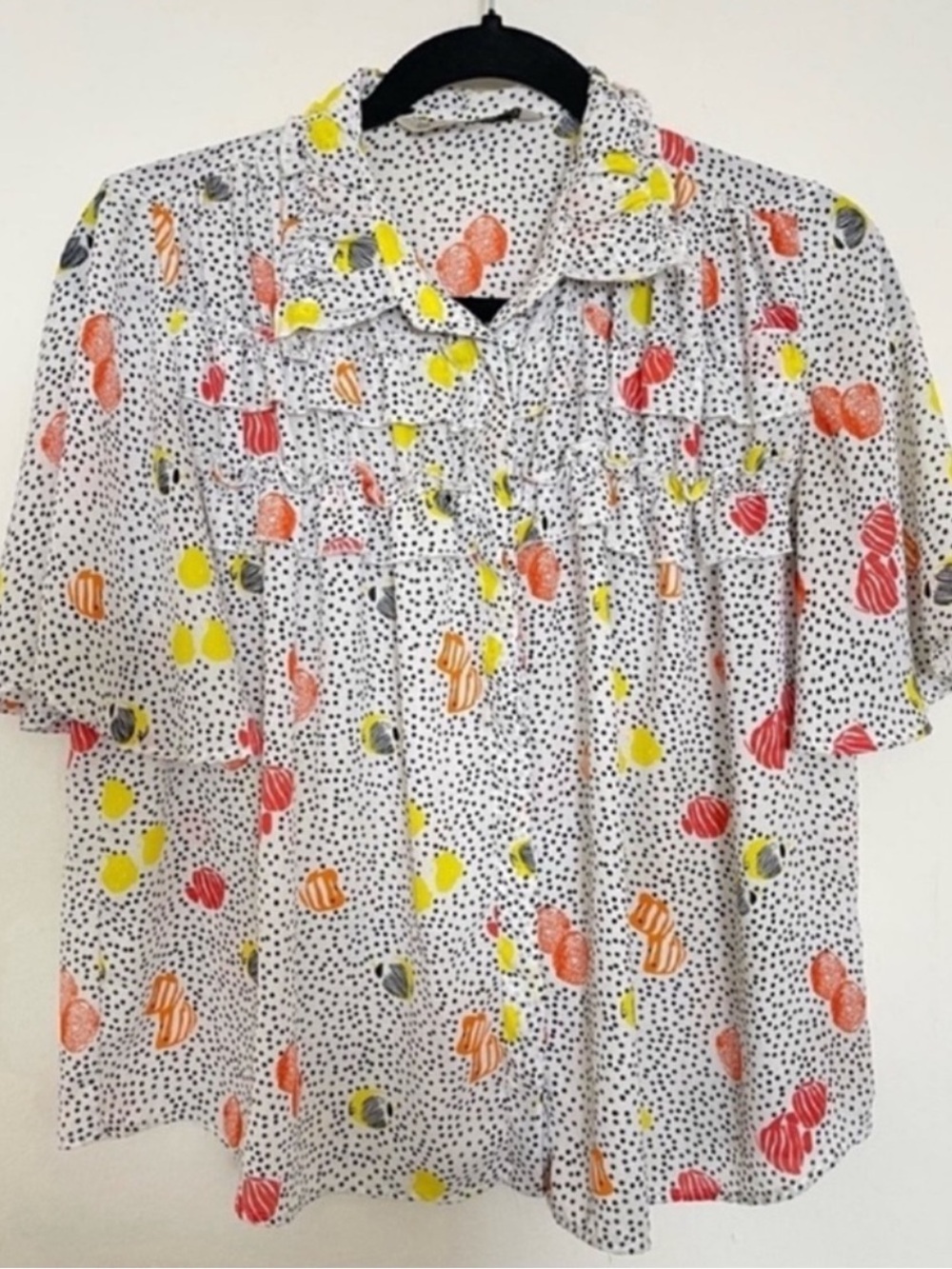 ZARA Novelty Print Ruffle Blouse Size Small Polka Dot Sealife Neon Lightweight